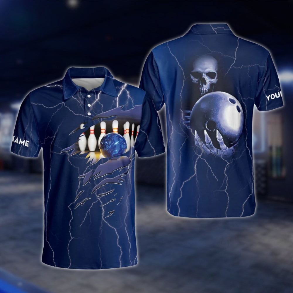 Custom Skeleton And Ball Bowling Polo Shirt For Men Blue, Custom Skull Bowling Shirt For Team BM0295