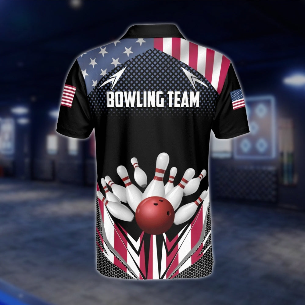 American Flag Custom Mens Bowling Polo Shirt, Custom Team Patriot Bowling Shirts BZ0147