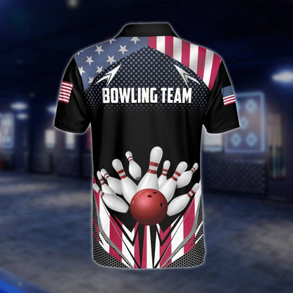 American Flag Custom Mens Bowling Polo Shirt, Custom Team Patriot Bowling Shirts BZ0147