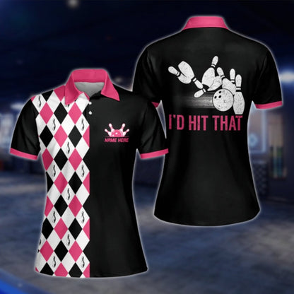 I'd Hit That Argyle Black Pink Custom Womens Bowling Polo Shirt, Custom Funny Bowling Shirt For Women BW0103
