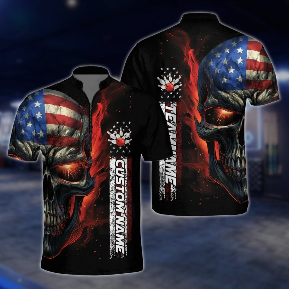 Custom Skull USA Flag Bowling Jersey For Mens, Custom Skull Patriotic Bowling Team Shirts BZ0145