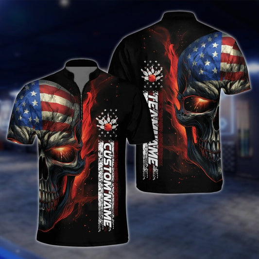 Custom Skull USA Flag Bowling Jersey For Mens, Custom Skull Patriotic Bowling Team Shirts BZ0145