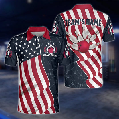 American Flag Custom Mens Bowling Polo Shirt, Custom Patriotic Bowling Team Shirts BZ0208