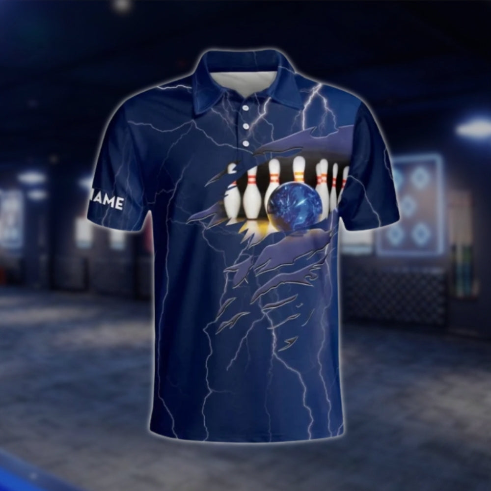 Custom Skeleton And Ball Bowling Polo Shirt For Men Blue, Custom Skull Bowling Shirt For Team BM0295