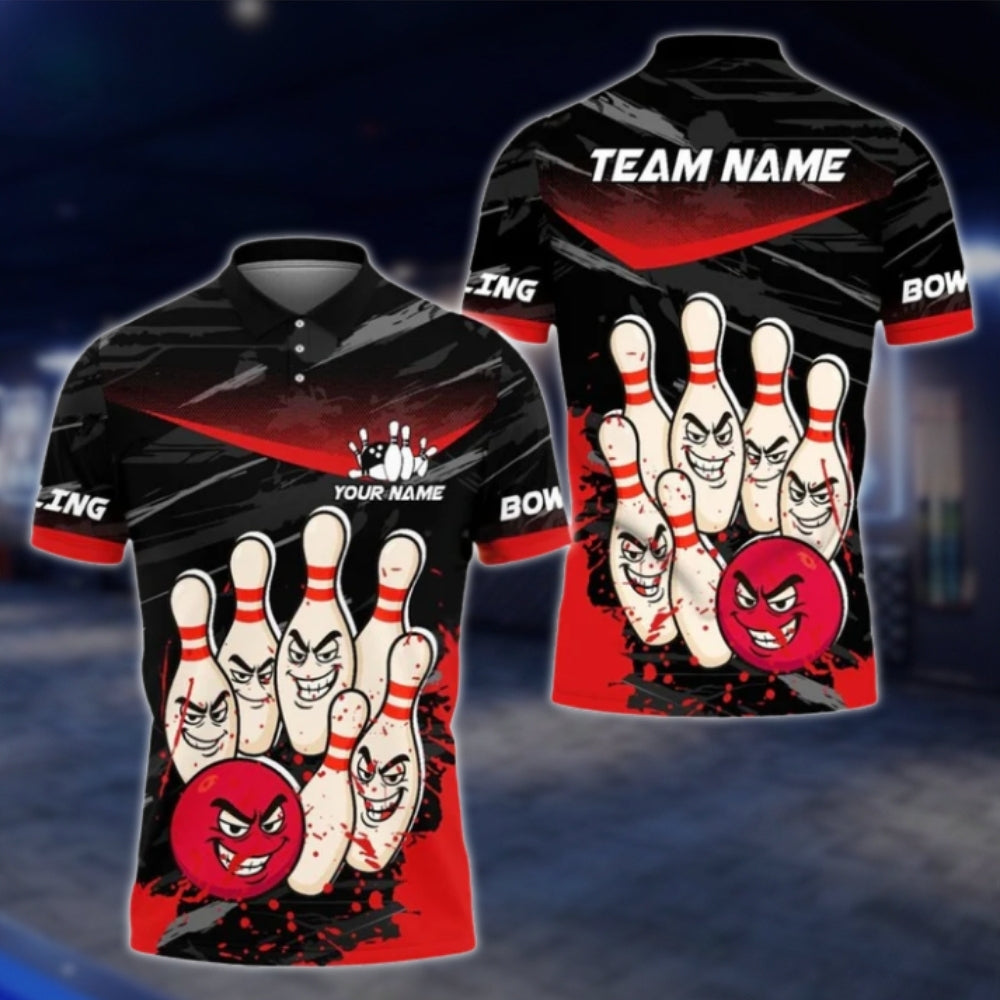 Custom Funny Pins And Ball Bowling Mens Polo Shirt, Back Blue Custom Funny Bowling Team Shirts BE0114