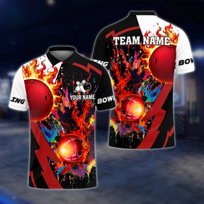 Custom Flame Ball Colorful Bowling Polo Shirts Men, Custom Flame Bowling Team Shirts SO1093