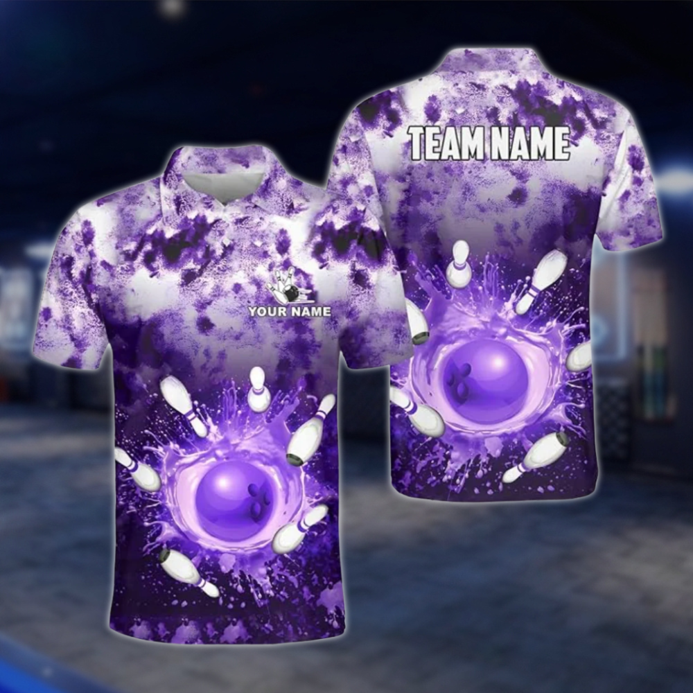 Personalized Mens Splash Purple Bowling Polo Shirt, Custom Bowling Team Shirt BZ0788