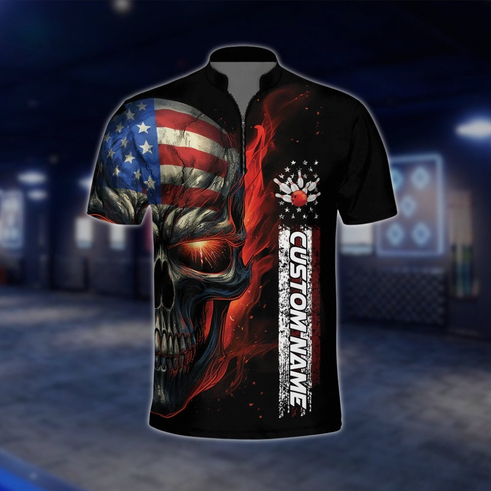 Custom Skull USA Flag Bowling Jersey For Mens, Custom Skull Patriotic Bowling Team Shirts BZ0145