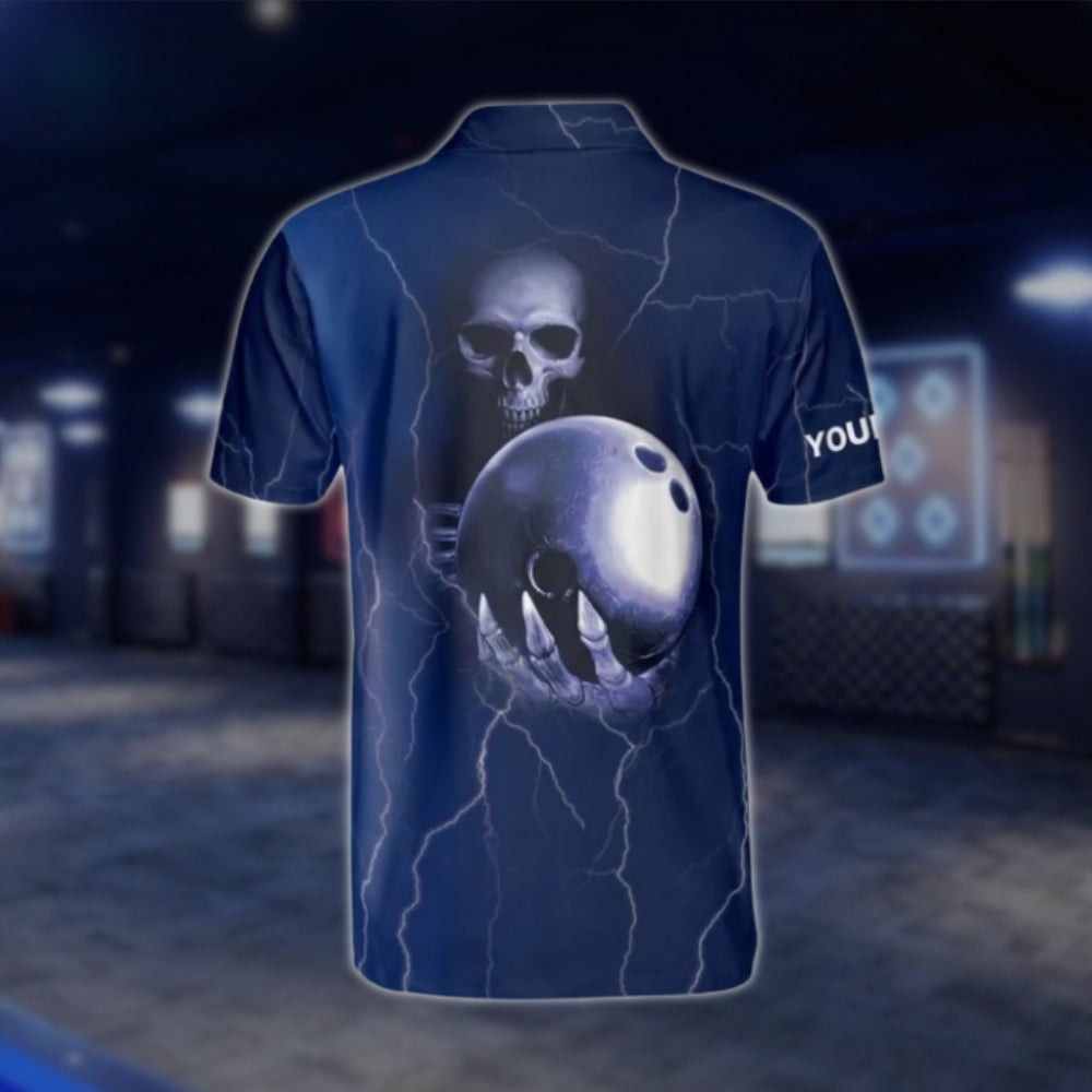 Custom Skeleton And Ball Bowling Polo Shirt For Men Blue, Custom Skull Bowling Shirt For Team BM0295