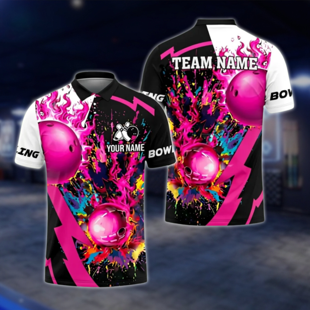 Custom Flame Ball Colorful Bowling Polo Shirts Men, Custom Flame Bowling Team Shirts SO1093