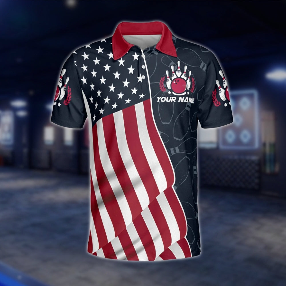 American Flag Custom Mens Bowling Polo Shirt, Custom Patriotic Bowling Team Shirts BZ0208