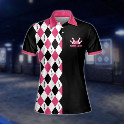 I'd Hit That Argyle Black Pink Custom Womens Bowling Polo Shirt, Custom Funny Bowling Shirt For Women BW0103