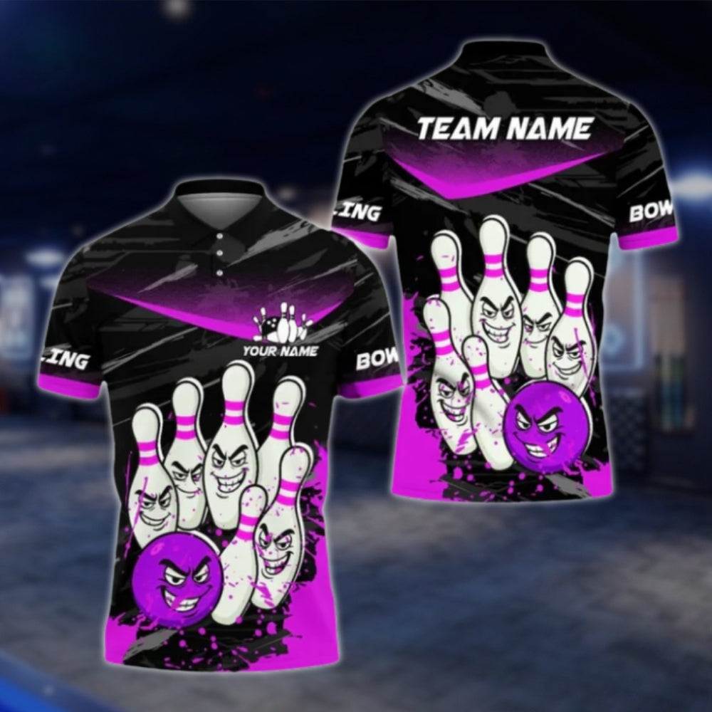 Custom Funny Pins And Ball Bowling Mens Polo Shirt, Back Blue Custom Funny Bowling Team Shirts BE0114