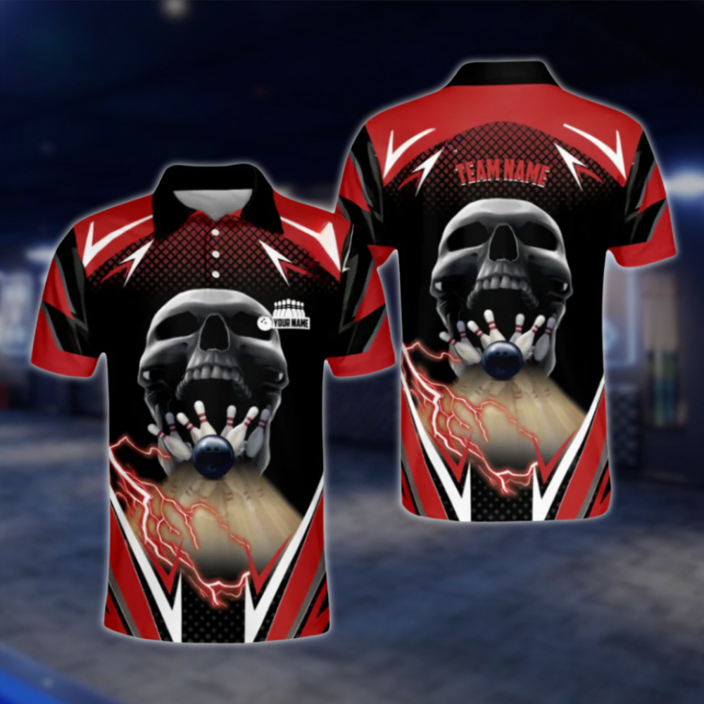 Custom Skeleton Black Red Bowling Polo Shirt For Mens, Custom Skull Team Bowling Shirts BM0292