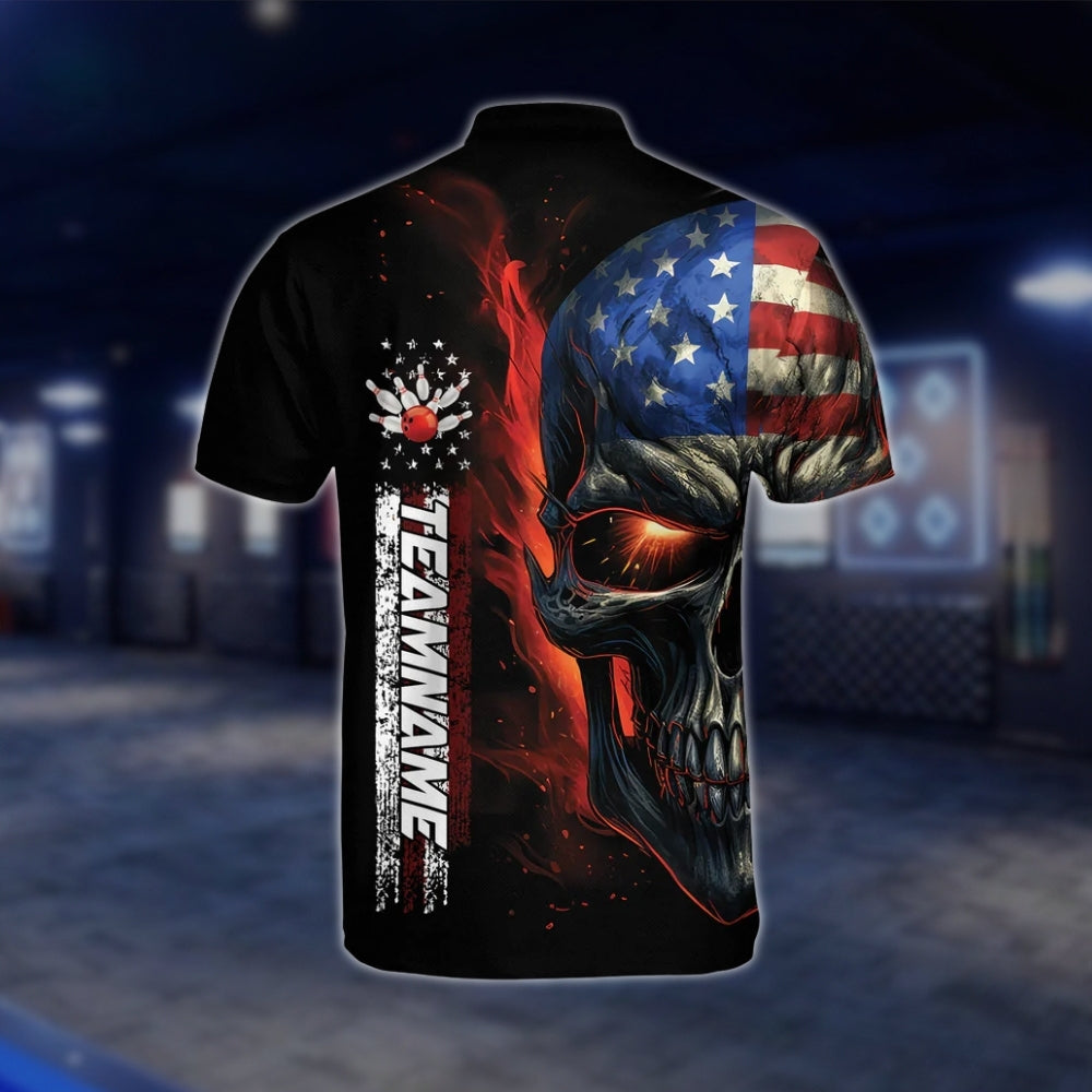 Custom Skull USA Flag Bowling Jersey For Mens, Custom Skull Patriotic Bowling Team Shirts BZ0145
