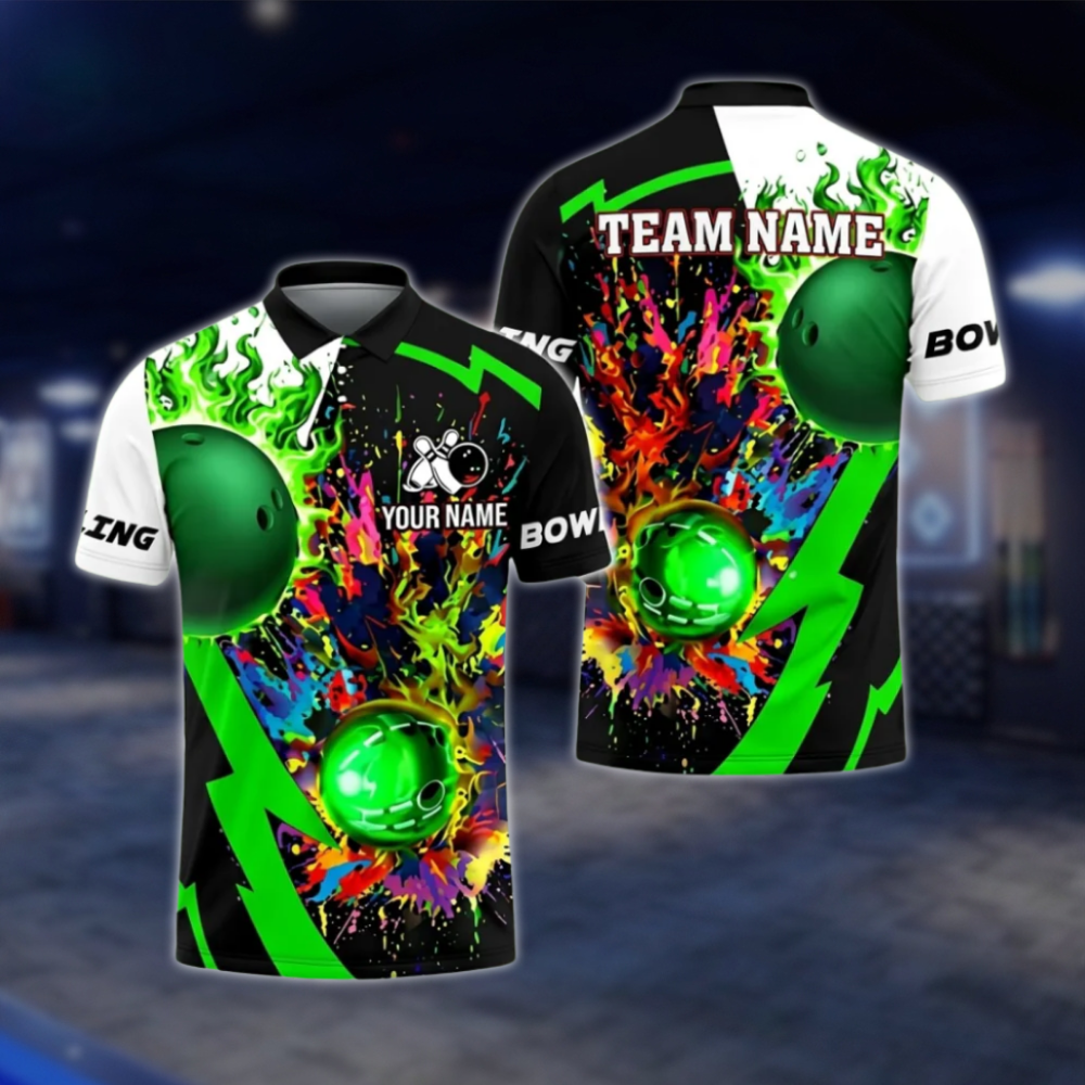 Custom Flame Ball Colorful Bowling Polo Shirts Men, Custom Flame Bowling Team Shirts SO1093