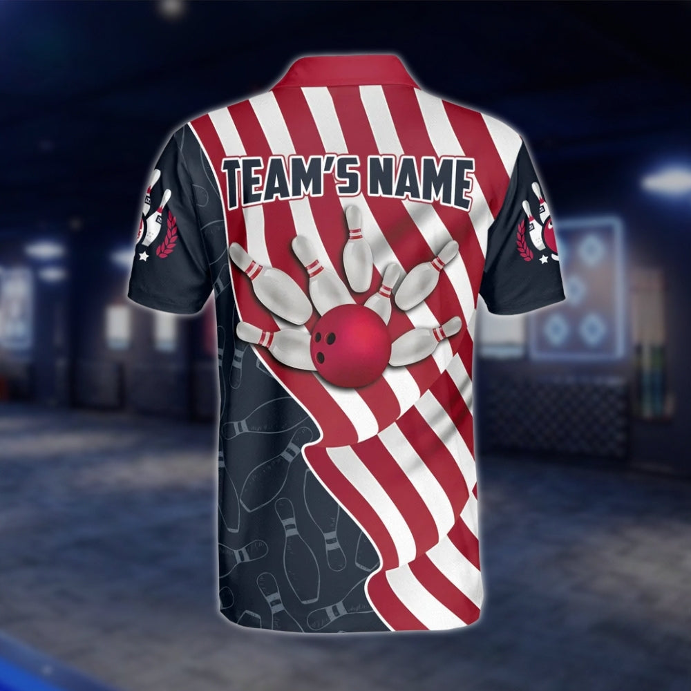 American Flag Custom Mens Bowling Polo Shirt, Custom Patriotic Bowling Team Shirts BZ0208