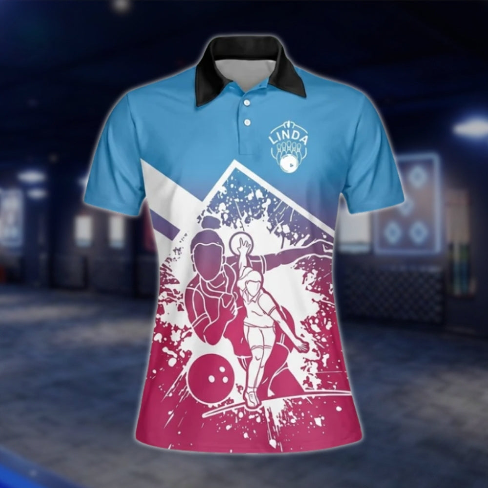 Yes I Do Bowl Like A Girl Try To Keep Up Custom Name Blue Pink Bowling Polo Shirt, Women's Custom Funny Bowling Shirts BW0022