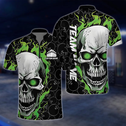 Skull Flaming Custom Green Black Bowling Mens Jersey, Custom Skull Bowling Shirts Team BZ0144
