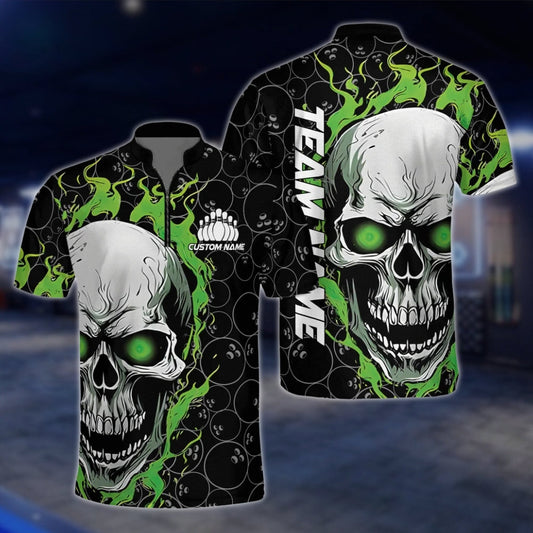 Skull Flaming Custom Green Black Bowling Mens Jersey, Custom Skull Bowling Shirts Team BZ0144