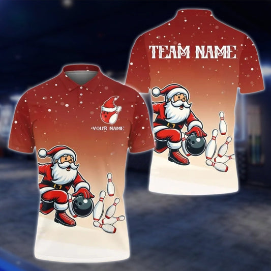 Santa Playing Bowling Custom Mens Xmas Bowling Polo Shirt, Custom Christmas Bowling Team Shirts BE0116