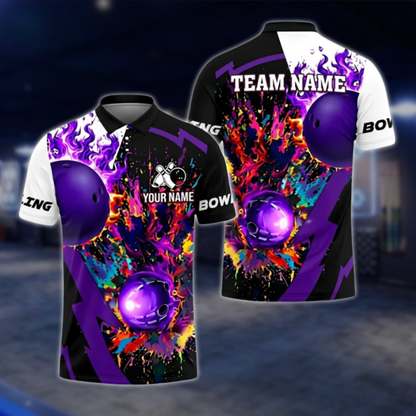 Custom Flame Ball Colorful Bowling Polo Shirts Men, Custom Flame Bowling Team Shirts SO1093