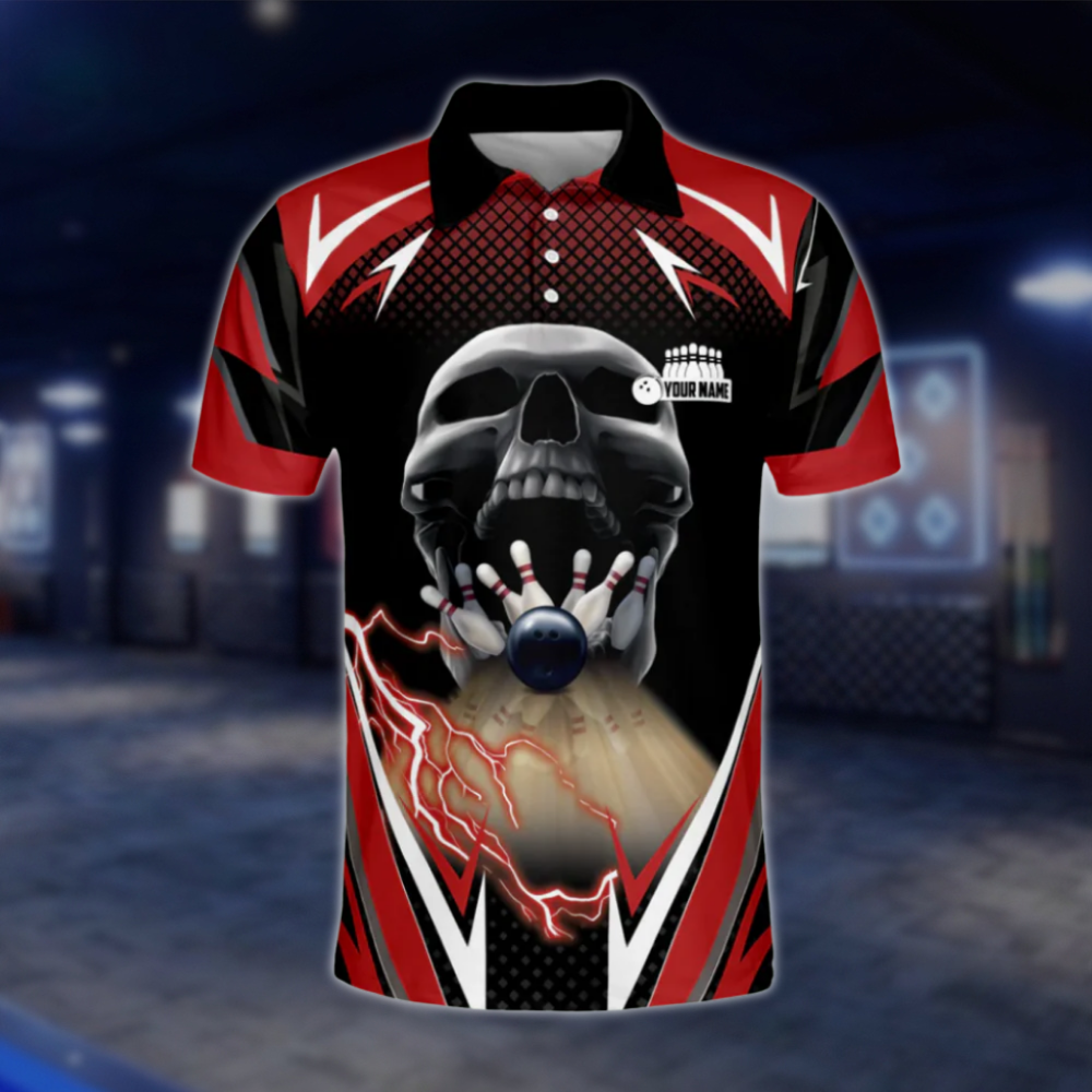 Custom Skeleton Black Red Bowling Polo Shirt For Mens, Custom Skull Team Bowling Shirts BM0292