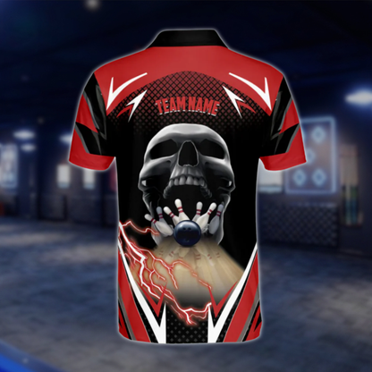Custom Skeleton Black Red Bowling Polo Shirt For Mens, Custom Skull Team Bowling Shirts BM0292