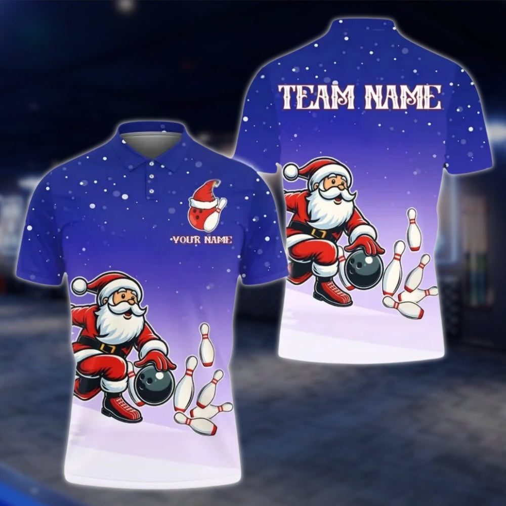 Santa Playing Bowling Custom Mens Xmas Bowling Polo Shirt, Custom Christmas Bowling Team Shirts BE0116