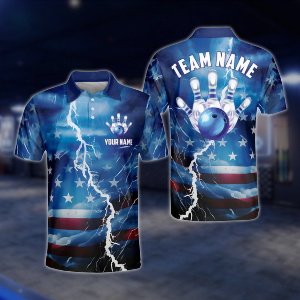 Custom USA Flag Blue Bowling Polo Shirts For Men, Custom Patriotic Bowling Team Shirts BO0380