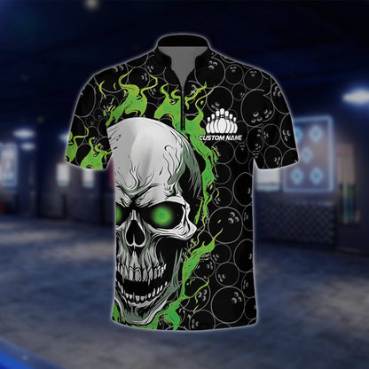 Skull Flaming Custom Green Black Bowling Mens Jersey, Custom Skull Bowling Shirts Team BZ0144