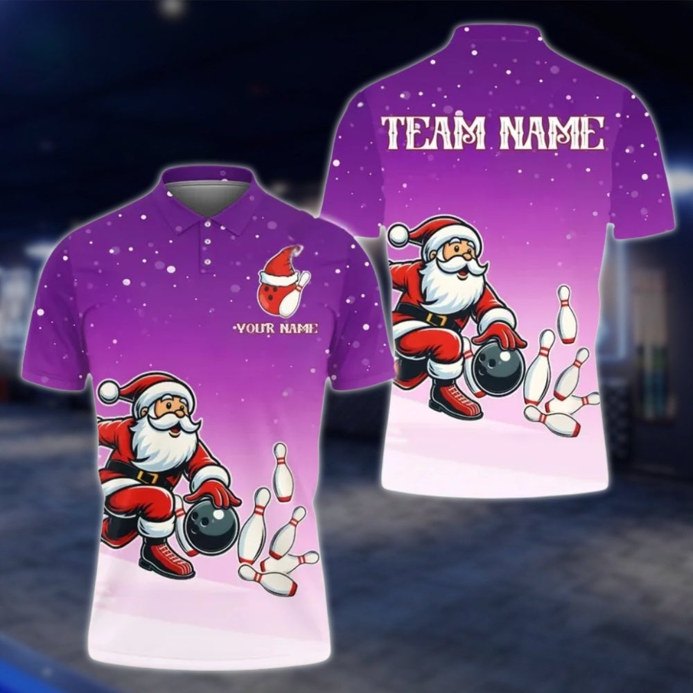 Santa Playing Bowling Custom Mens Xmas Bowling Polo Shirt, Custom Christmas Bowling Team Shirts BE0116