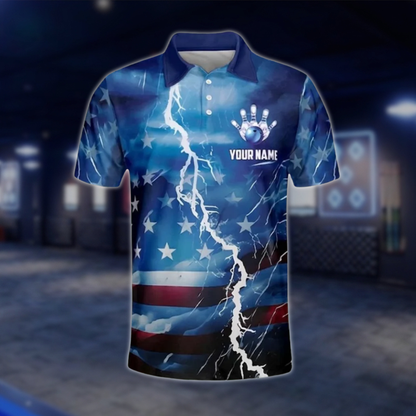 Custom USA Flag Blue Bowling Polo Shirts For Men, Custom Patriotic Bowling Team Shirts BO0380