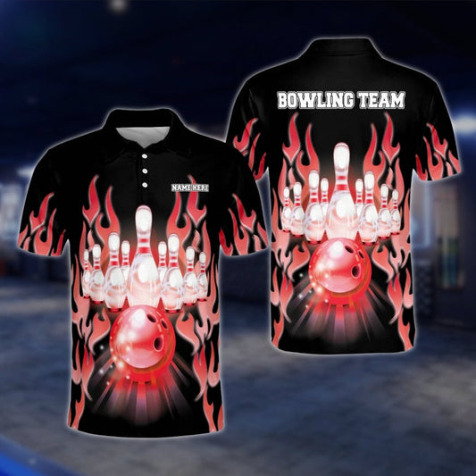Custom Flame Red Black Bowling Polo Shirt For Mens, Custom Flame Bowling Shirts Team BM0020