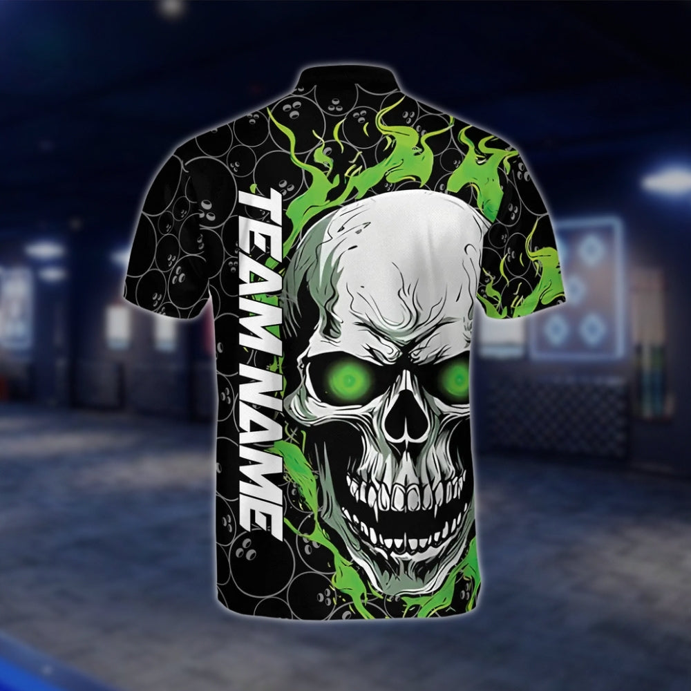 Skull Flaming Custom Green Black Bowling Mens Jersey, Custom Skull Bowling Shirts Team BZ0144