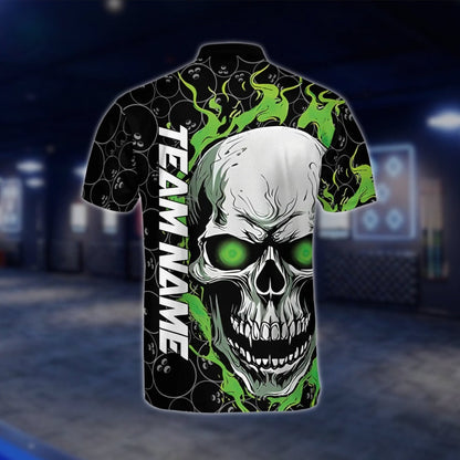 Skull Flaming Custom Green Black Bowling Mens Jersey, Custom Skull Bowling Shirts Team BZ0144