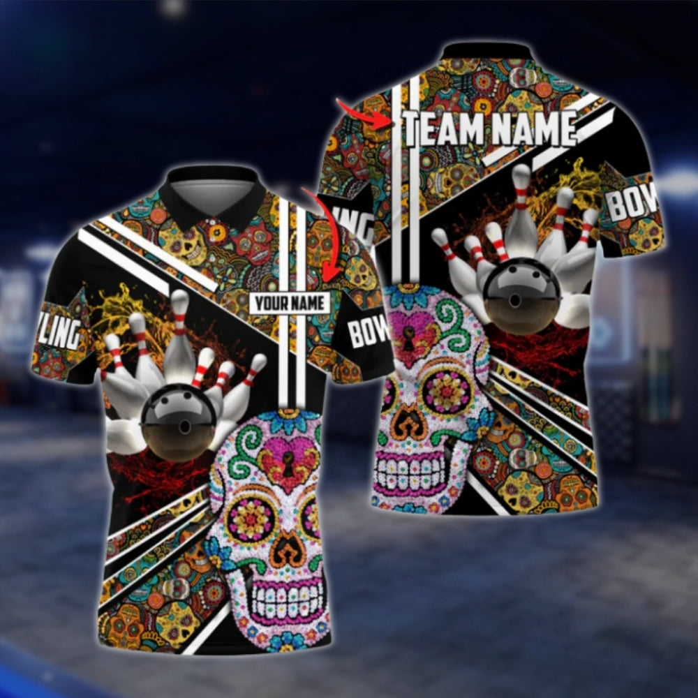 Sugar Skull Custom Mens Bowling Polo Shirt, Custom Skull Day Of The Dead Bowling Team Shirts BO0337