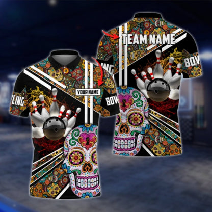 Sugar Skull Custom Mens Bowling Polo Shirt, Custom Skull Day Of The Dead Bowling Team Shirts BO0337