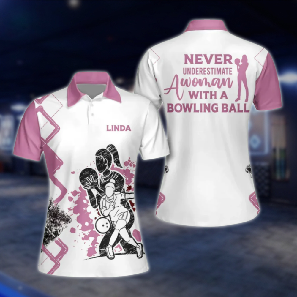 Never Underestimate An Old Women With A Bowling Ball Custom Name Bowling Polo Shirt, Custom Funny Bowling Shirt For Ladies White Pink BW0026
