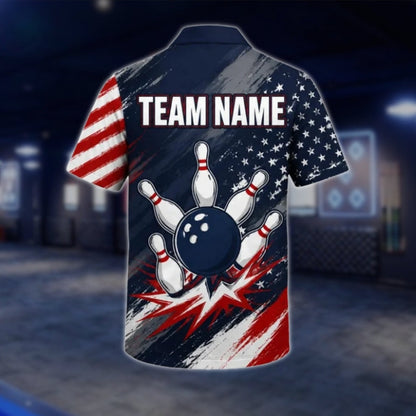 Personalized American Flag Bowling Hawaiian Shirt For Men, Custom Patriot Bowling Team Shirts BE0214
