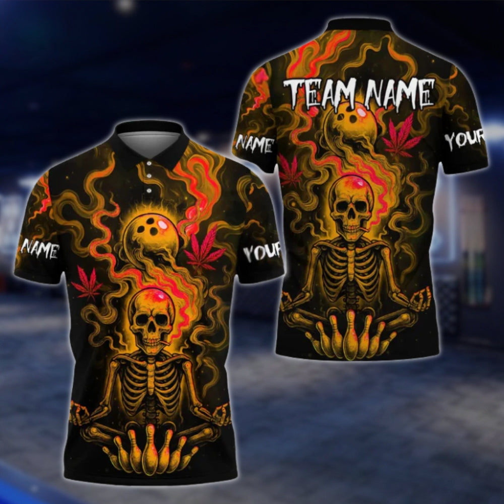 Custom Skeleton Flaming Green Bowling Polo Shirt For Mens, Custom Team Skull Bowling Shirts BE0192
