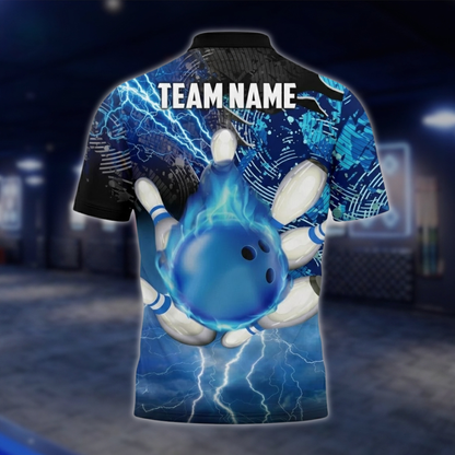 Personalized Flame Men's Blue Bowling Polo Shirt, Custom Team Flame Bowling Shirts BZ0734