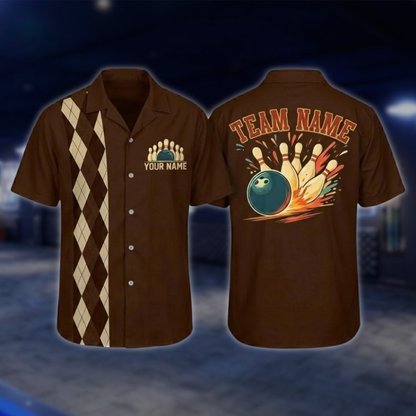 Personalized Argyle Navy Retro Bowling Hawaiian Shirt For Men, Custom Retro Bowling Shirt For Team BZ0797