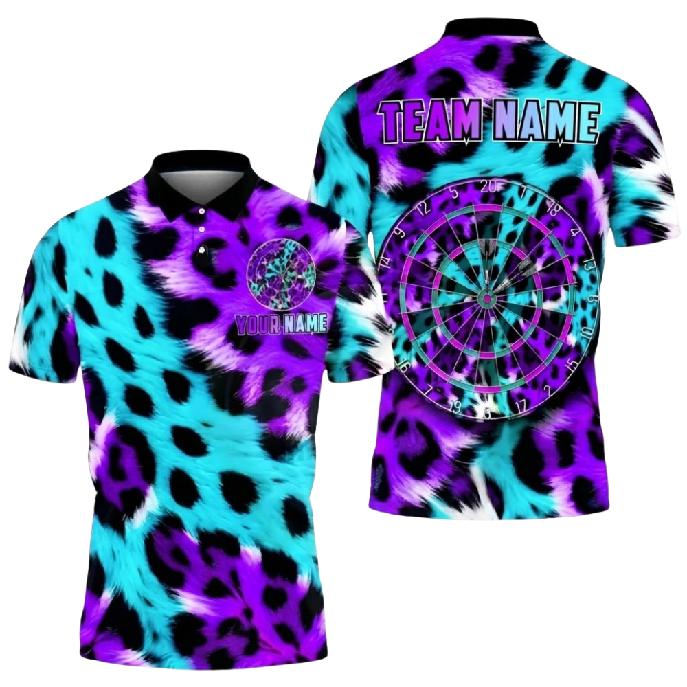 Leopard Neon Cyan Pink Men Personalized Darts Button Polo
