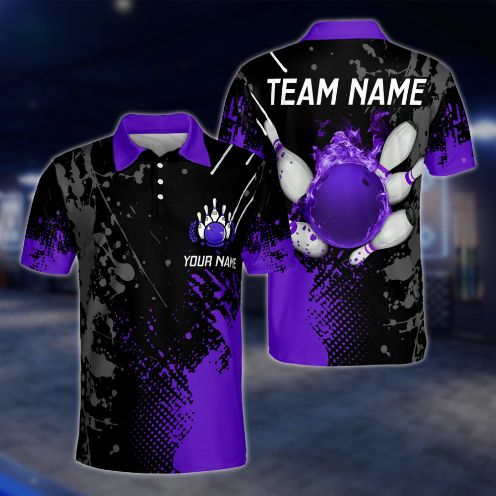 Custom Flaming Ball Bowling Polo Mens Shirt Blue, Custom Flame Bowling Team Shirts BZ0086