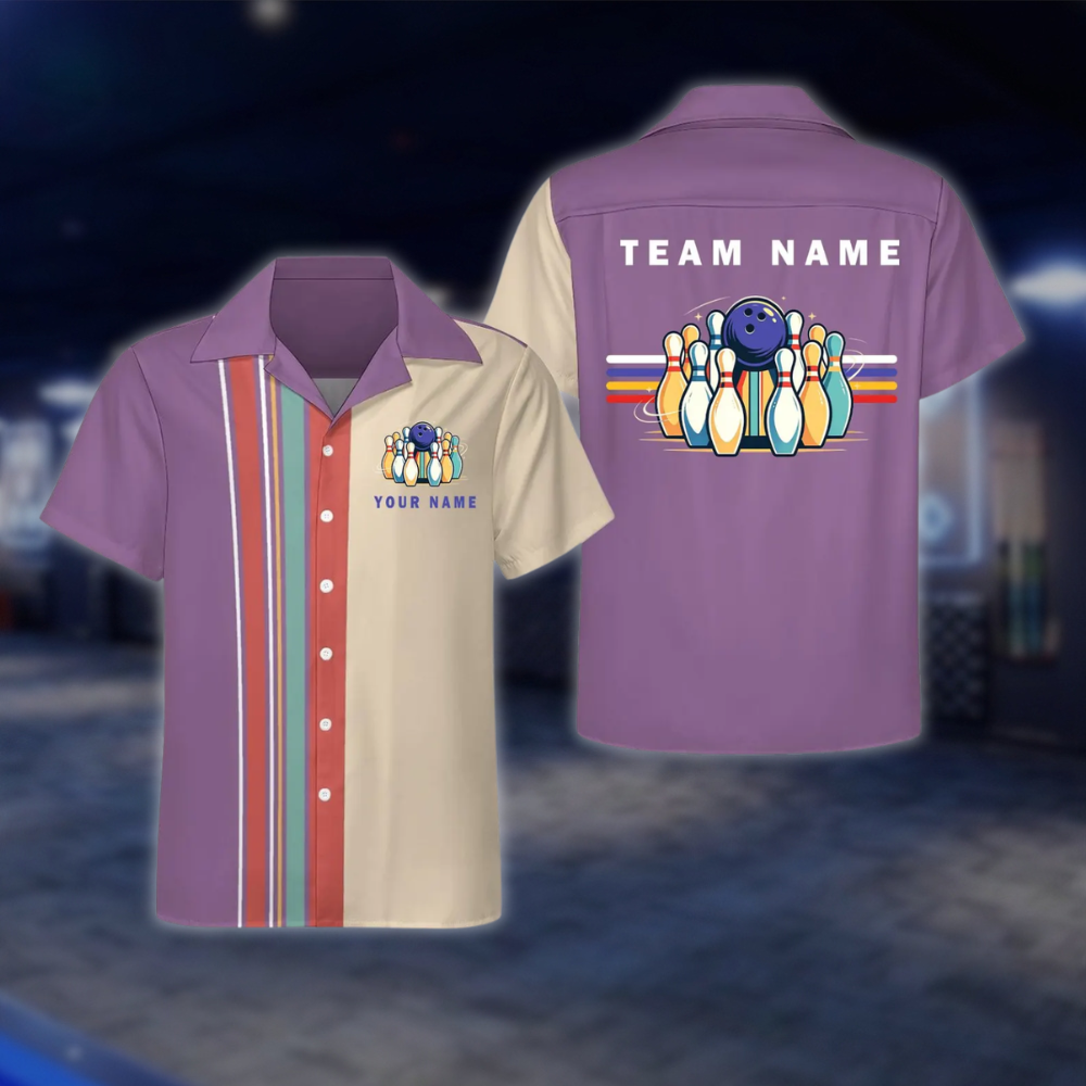 Personalized Retro Black Beige Bowling Hawaiian Shirt, Custom Retro Team Bowling Shirt BE0251