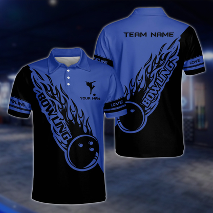 Personalized Blue Black Flame Ball Polo Bowling Team Shirts Men, Custom Team Flame Bowling Shirts BZ0224