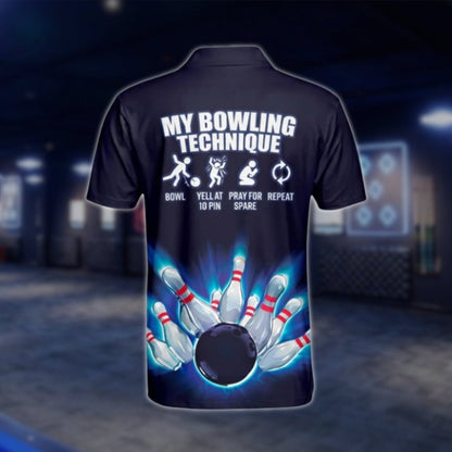 Custom My Bowling Technique Mens Navy Blue Bowling Polo Shirt, Custom Fuuny Bowling Shirts BM0026