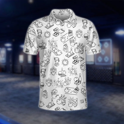 Bowling Pattern White Black Bowling Polo Shirt For Men, Men's Bowling Shirts BO0286