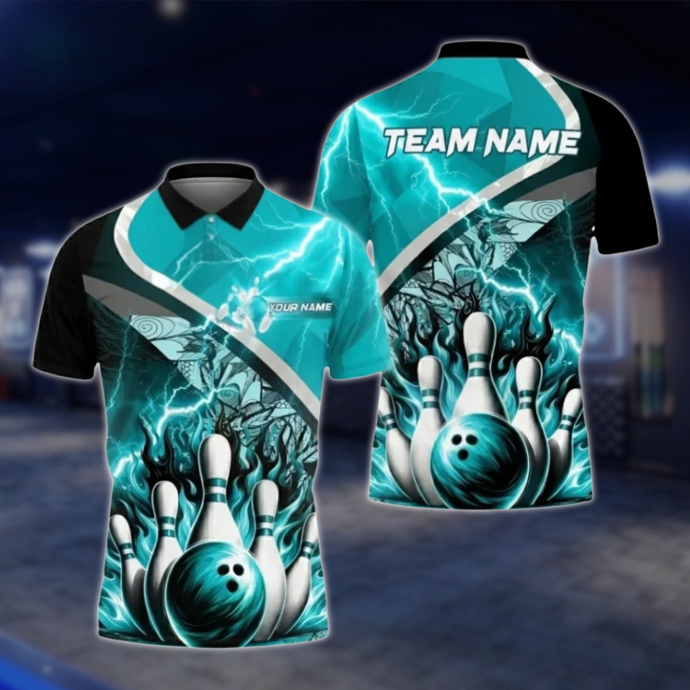 Personalized Blue Flame Thunder Bowling Polo Shirt Men, Custom Flame Bowling Shirt Team BZ0804